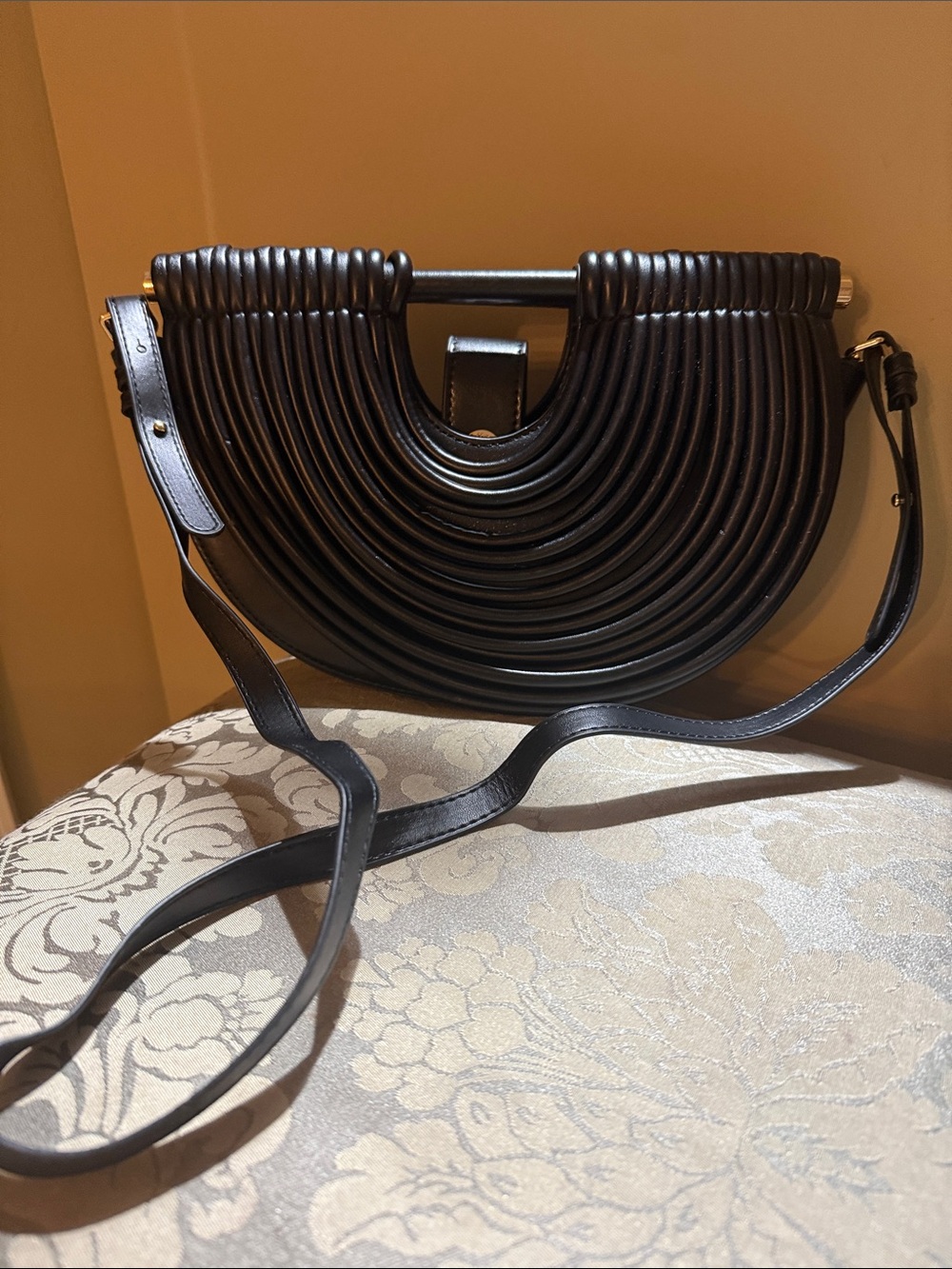 Black Ribbed Half-Moon Crossbody Bag
